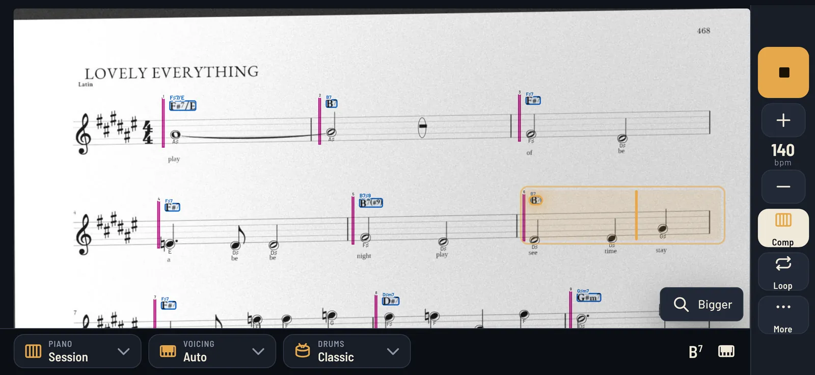 A photographed lead sheet in ChartBand on iPhone, with the bar being played highlighted.