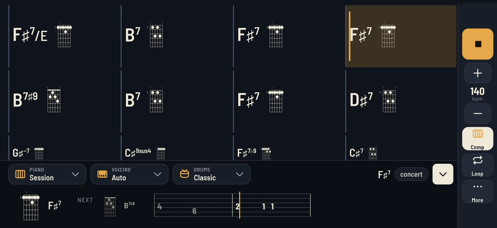 ChartBand for guitar: a chord box beside every chord on the chart, with the grips and tab for the melody underneath.