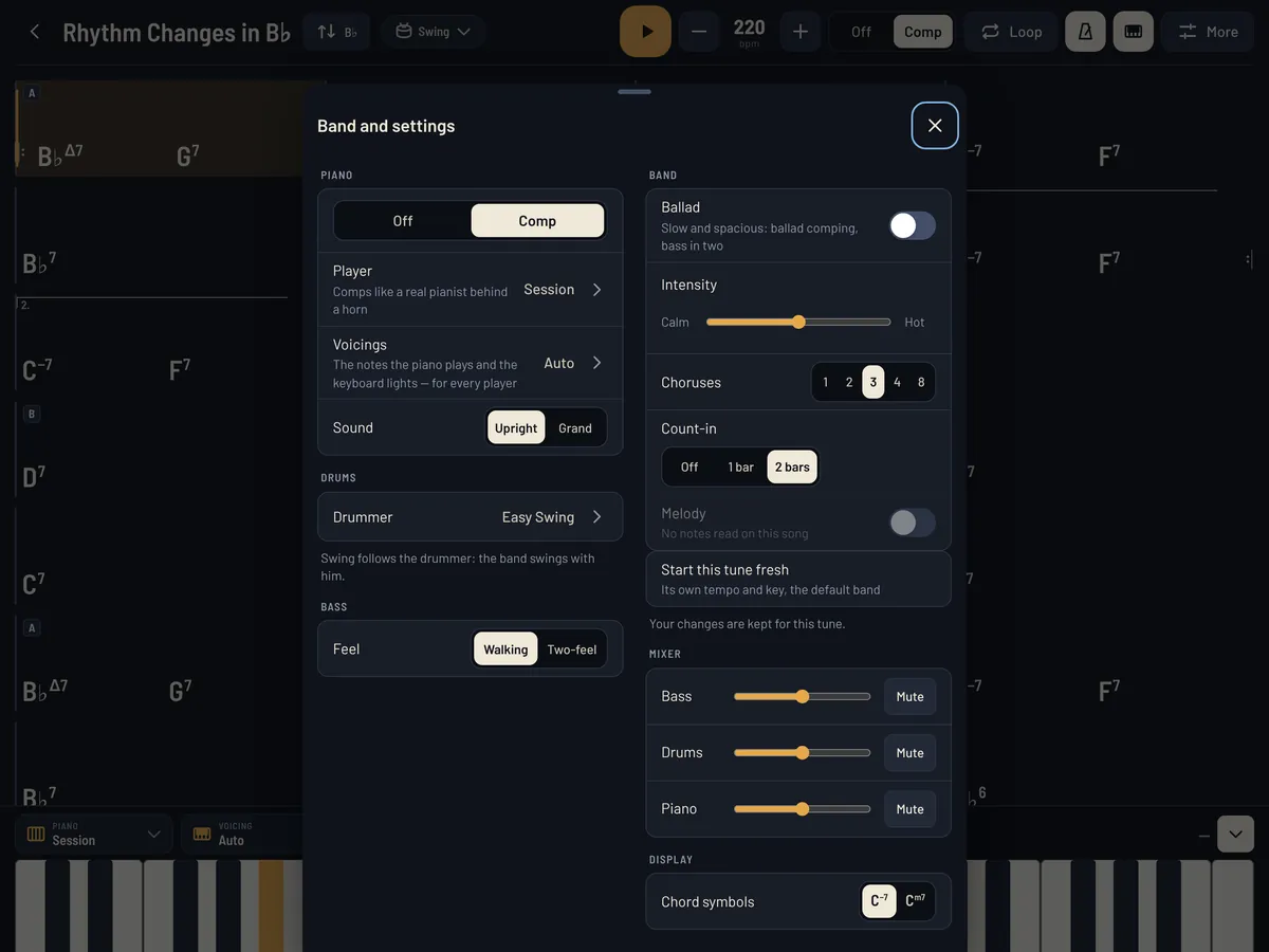ChartBand's band settings on iPad: piano player and voicings, the drummer, the bass feel, ballad, intensity, choruses, count-in and the mixer.