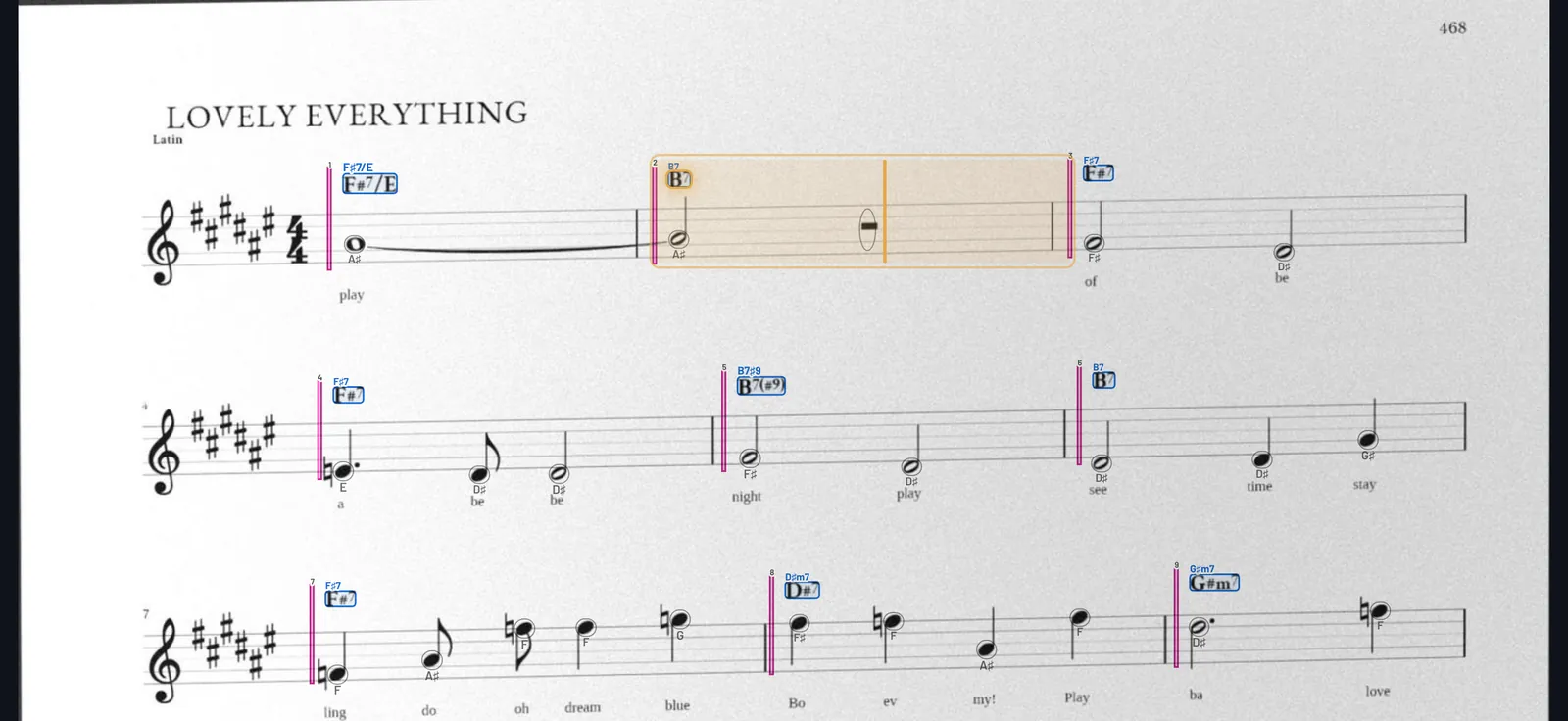 A photographed lead sheet with what ChartBand read marked on it: chord symbols boxed, bar lines, the melody's notes named.